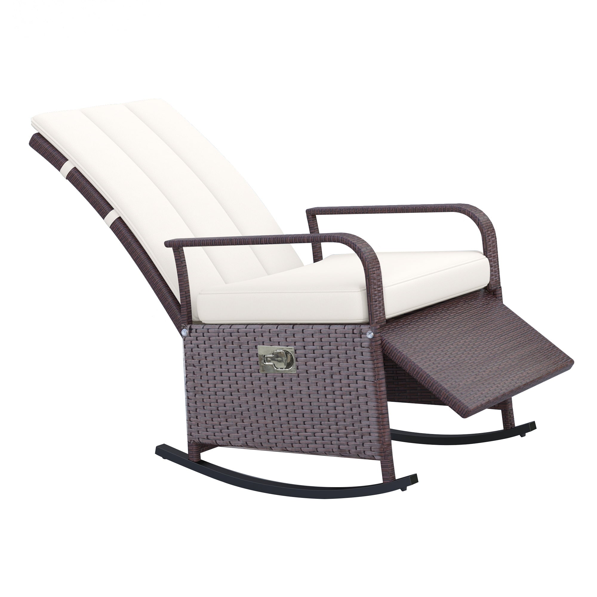 Outsunny Outdoor Wicker Rocking Chair with Soft Cushion, Patio Recliner with Armrests, and Max. 135 Degree Backrest, Beige