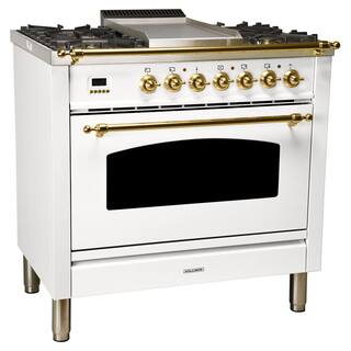 Hallman 36 in. 3.55 cu. ft. Single Oven Dual Fuel Italian Range True Convection 5 Burners Griddle LP Gas Brass Trim in White HDFR36BSWTLP