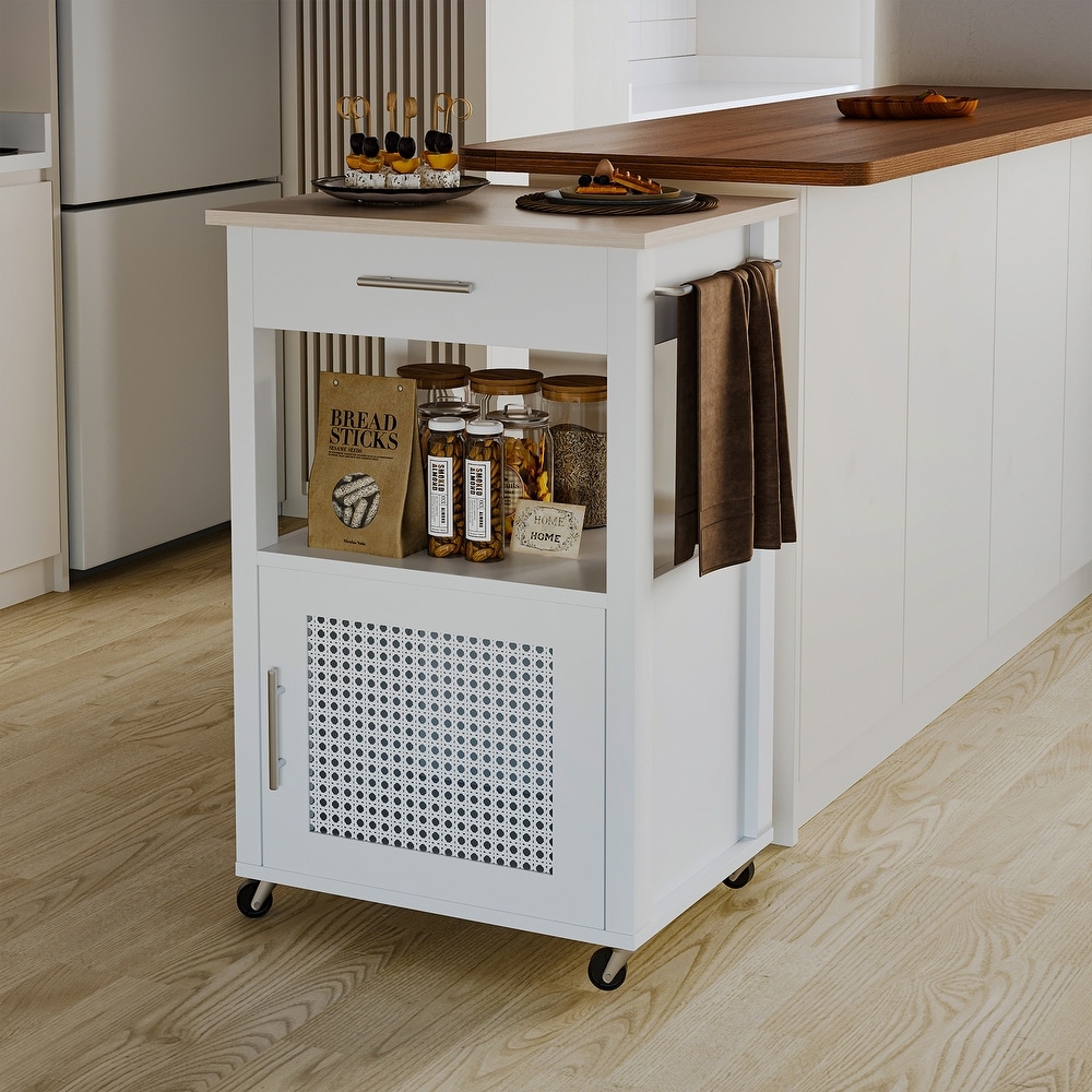 Rolling Rattan Kitchen Cart with Single Door Cabinet and Storage Shelf