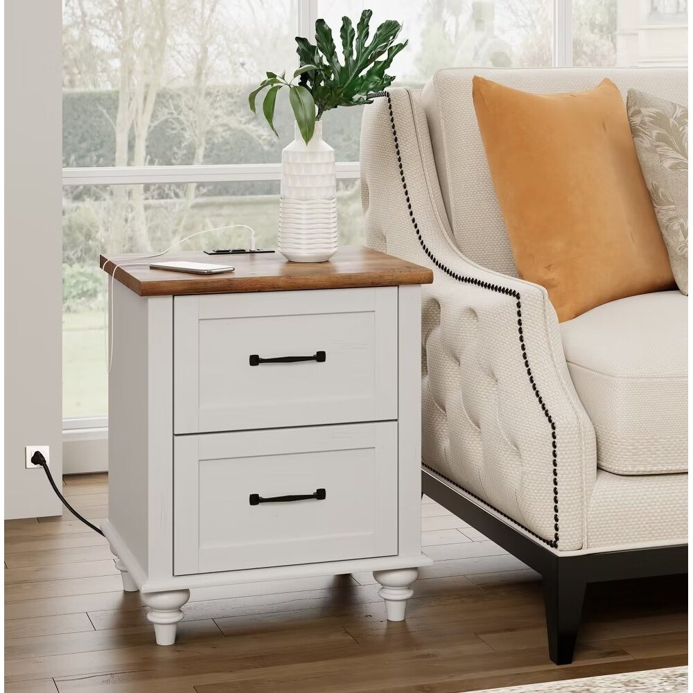 White Nightstand with Charging Station  2 Drawer End Table (Set of 2)