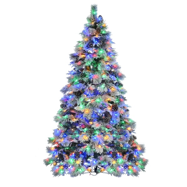 7.5ft PreLit Spruce Snow Flocked Artificial Christmas Tree with Pine Cones，745 Branch Tips，450 MultiColor LED Lights