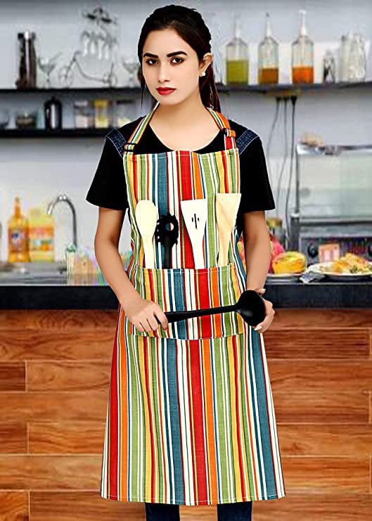 Ruvanti Cute Aprons for Women with Pockets Adjustable up to XXL， Cooking， Kitchen， Server， Chef Apron-Multi Stripe