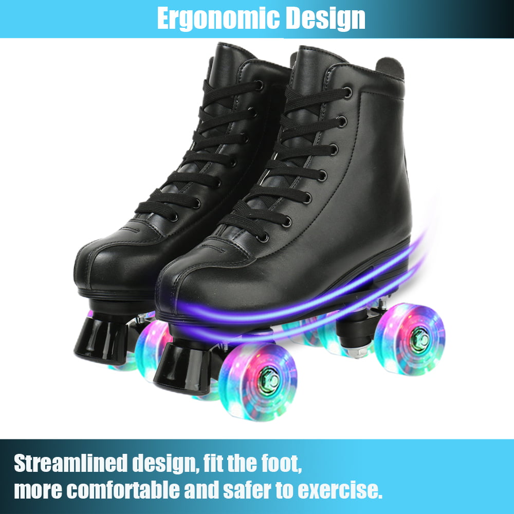 Black Roller Skates， High-Top Design， Leather Roller Artistic with Double-Row Shiny Wheels for Women and Men， Size 9.5