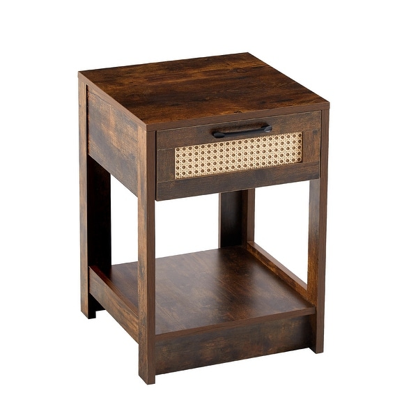 Modern Rattan End table/Side Table with 1 Drawer and 1 Open Shelf