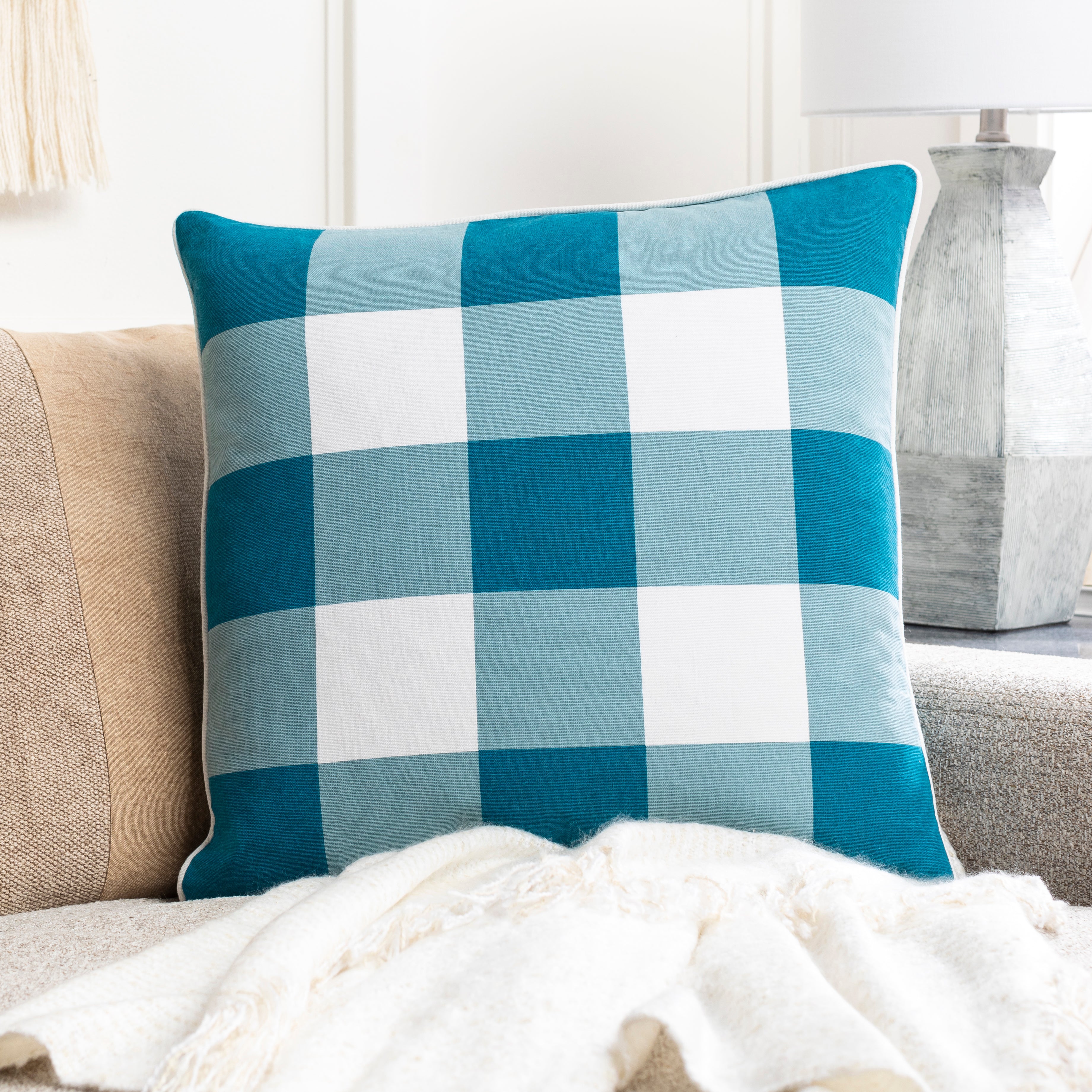 Buffalo Plaid Woven Square Pillow Aqua, White