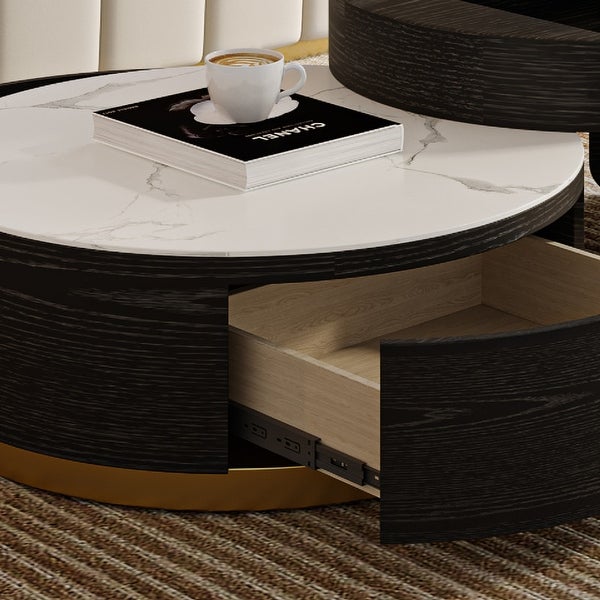 Modern Nesting Lift-Top Round Coffee Tables Set， Marble Finished