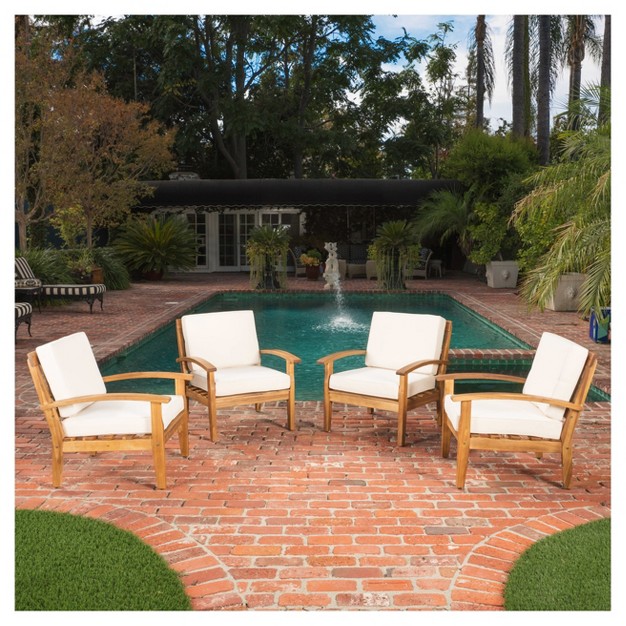 Peyton 4pk Acacia Wood Patio Club Chairs W Cushions Beige Christopher Knight Home