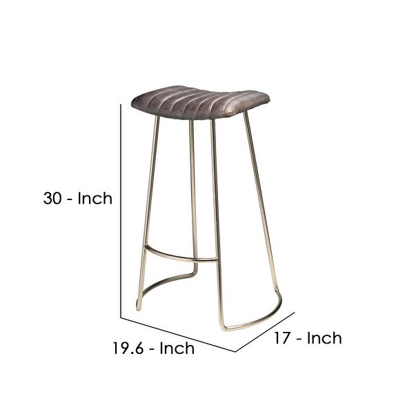 Bar Stool with Stitched Leatherette Seat， Silver and Gray