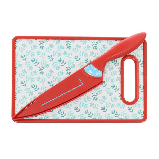 Gibson Home Village Vines 3 Piece Cutting Board And Knife Set In Red And Blue