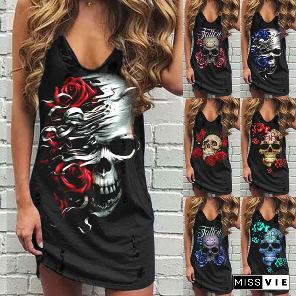 Women's tank Dress Sleeveless Summer Fashion Skull and Rose Print V-collar Casual Loose Dress Plus Size