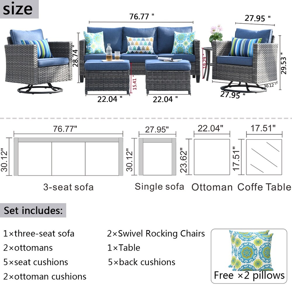 OVIOS Wicker Sectional Sofa and Swivel Rocking Chair 6 piece Set