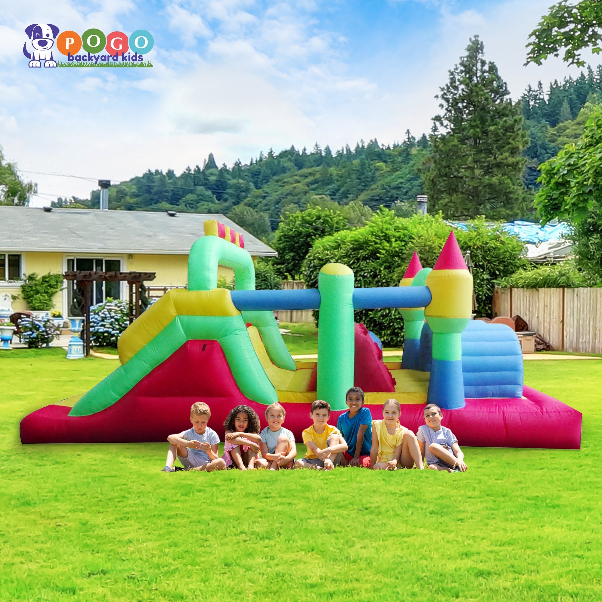 Pogo Bounce House Backyard Kids Gator Inflatable Water Slide with splash Cannon and Pool