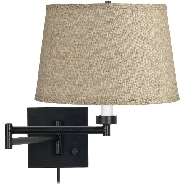 Barnes And Ivy Rustic Farmhouse Swing Arm Wall Lamp Espresso Black Plug in Light Fixture Burlap Fabric Drum Shade For Bedroom Bedside Living Room Home