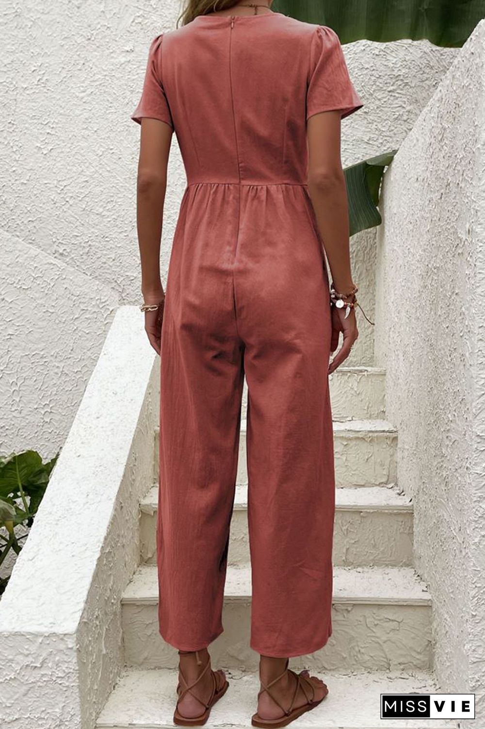 Plain V Neck Button Jumpsuit Wholesale