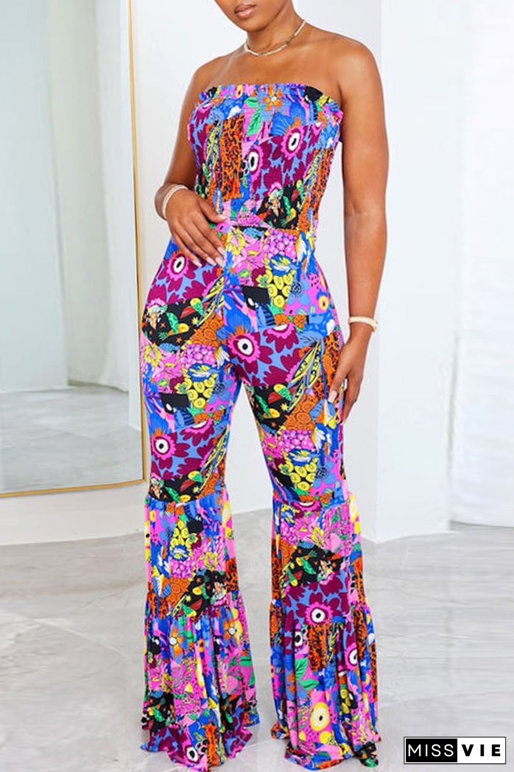 Multicolor Sexy Casual Print Backless Strapless Regular Jumpsuits