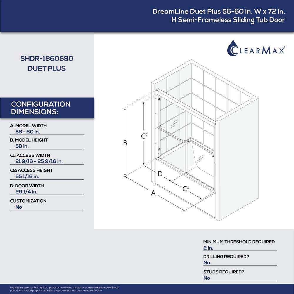 DreamLine Duet Plus 55- 59 in. W x 58 in. H Sliding Semi Frameless Tub Door in Chrome SHDR-1860580-01