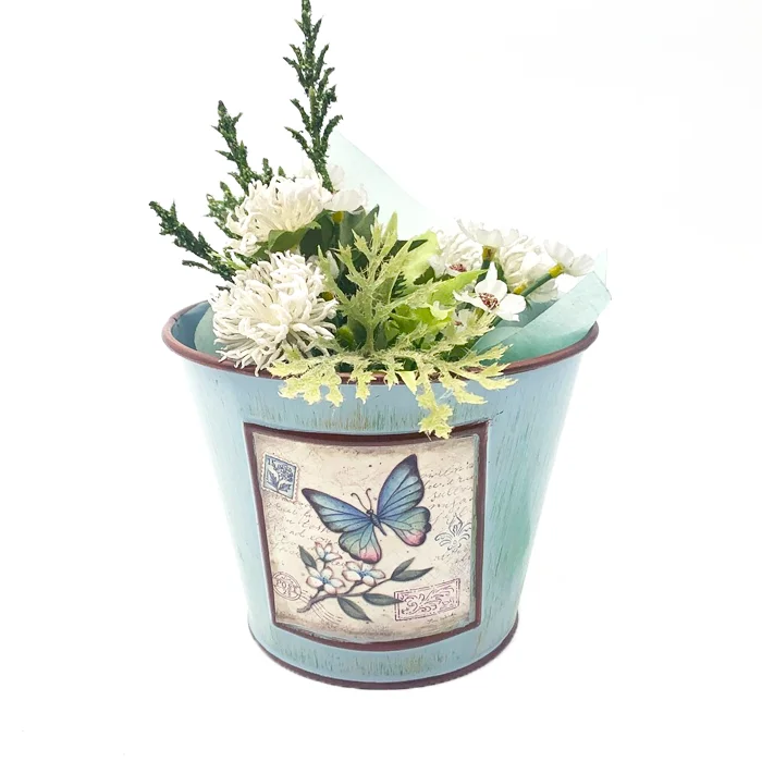 Adorable  Blue Painted Metal Flower Pot With Butterfly Distressed Small Bucket Tabletop Pencil Utensil Holder