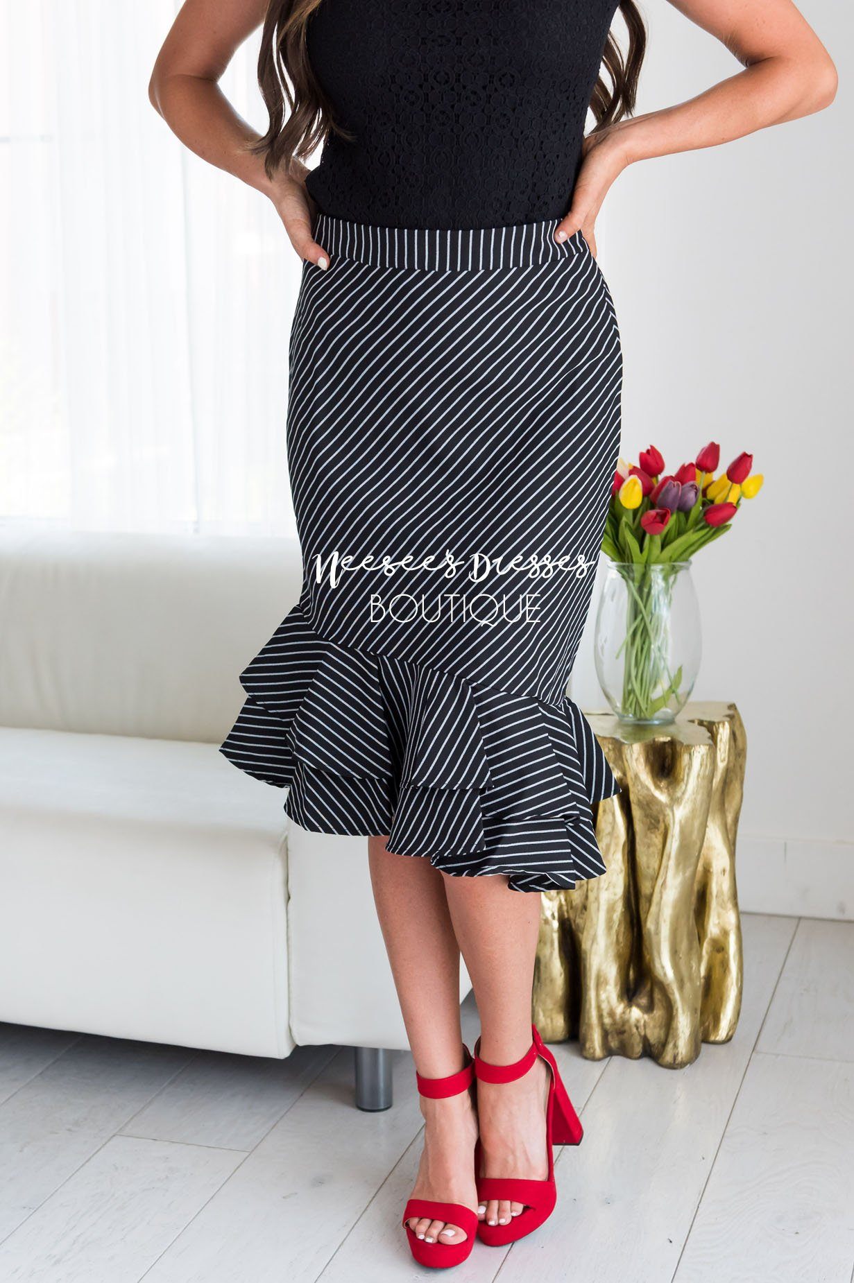 Striped Asymmetric Ruffle Hem Pencil Skirt