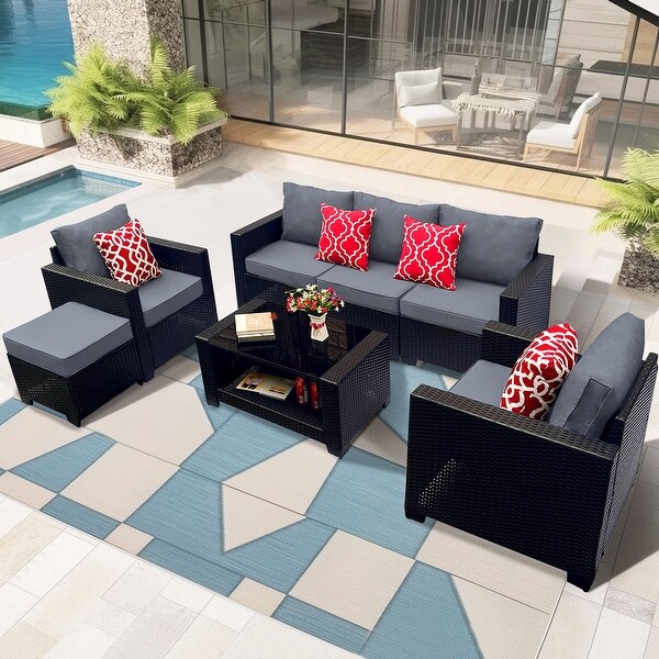 Modern 7PC PE Rattan Wicker Sofa Set，Cushioned Outdoor Furniture，Coffee Table