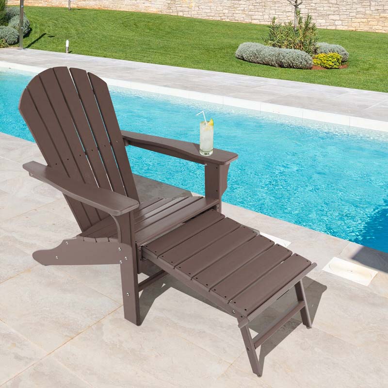 HDPE Adirondack Chair with Retractable Ottoman, Outdoor Chaise Lounge Chair for Lawn Pool Deck