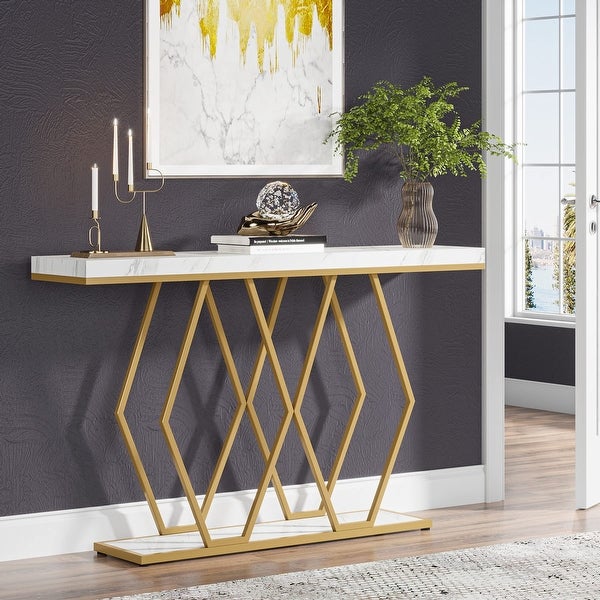 55 Inch Gold Console Table， Modern Entryway Sofa Table with Fuax Marble Finish