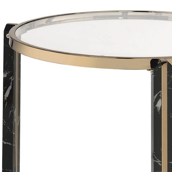 End Table with Glass Top and Faux Marble Shelf， Black and Gold