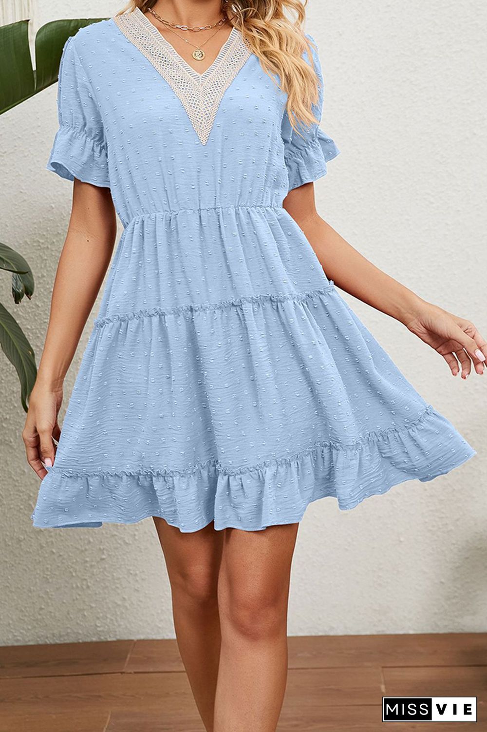 V Neck Lace Crochet Ruffle Mini Dress