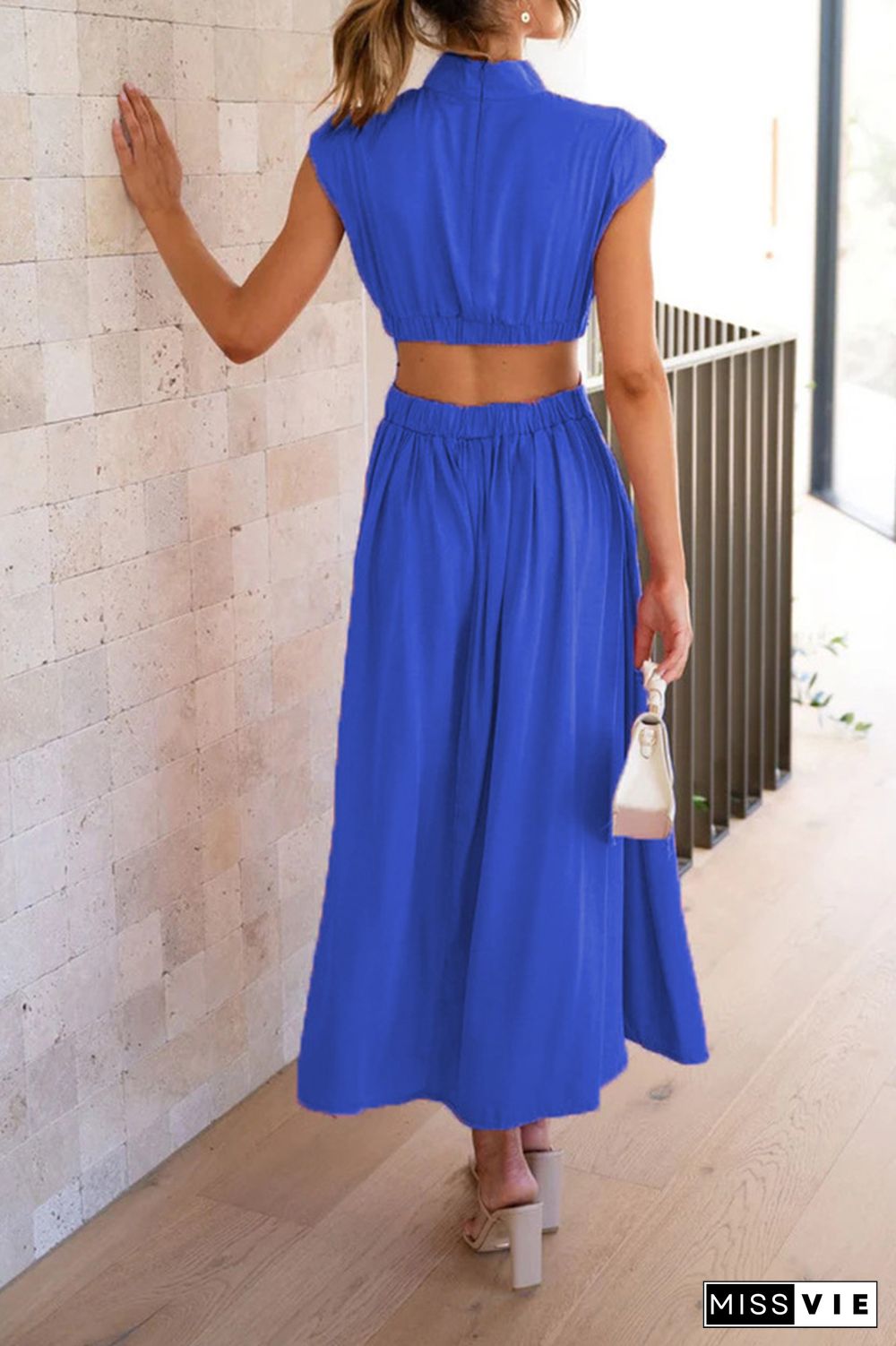 Plain Frilled High Collar Cut Out Waist Maxi Dress