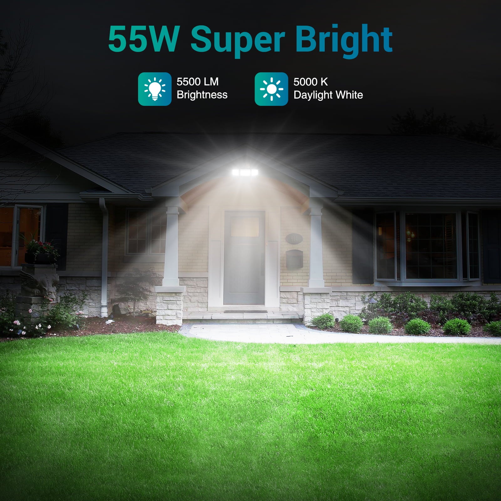 Ustellar 55W LED Flood Light Outdoor， 5500LM Exterior Security Light， AC Powered Switch Controlled Spot Light for Eave， Porch， Backyard