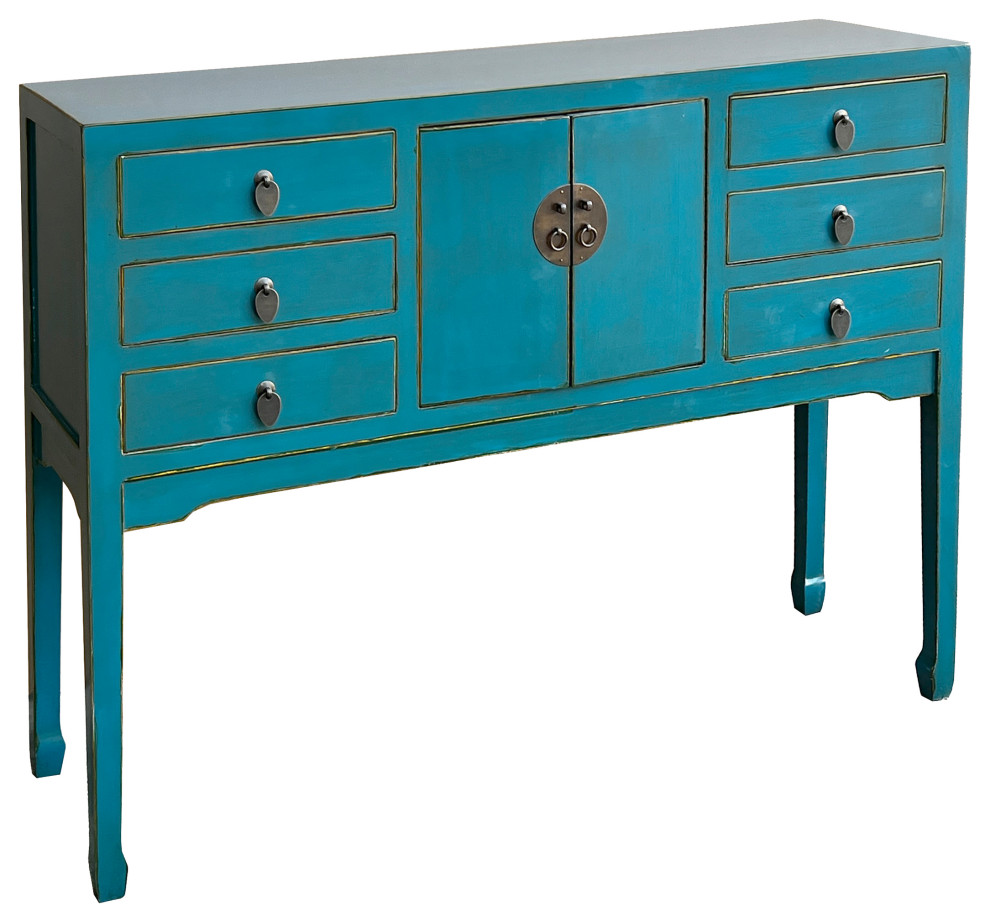 Distress Bright Blue Lacquer Tall Moon Face 6 Drawers Slim Foyer Table Hcs7566   Asian   Console Tables   by Golden Lotus Antiques  Houzz