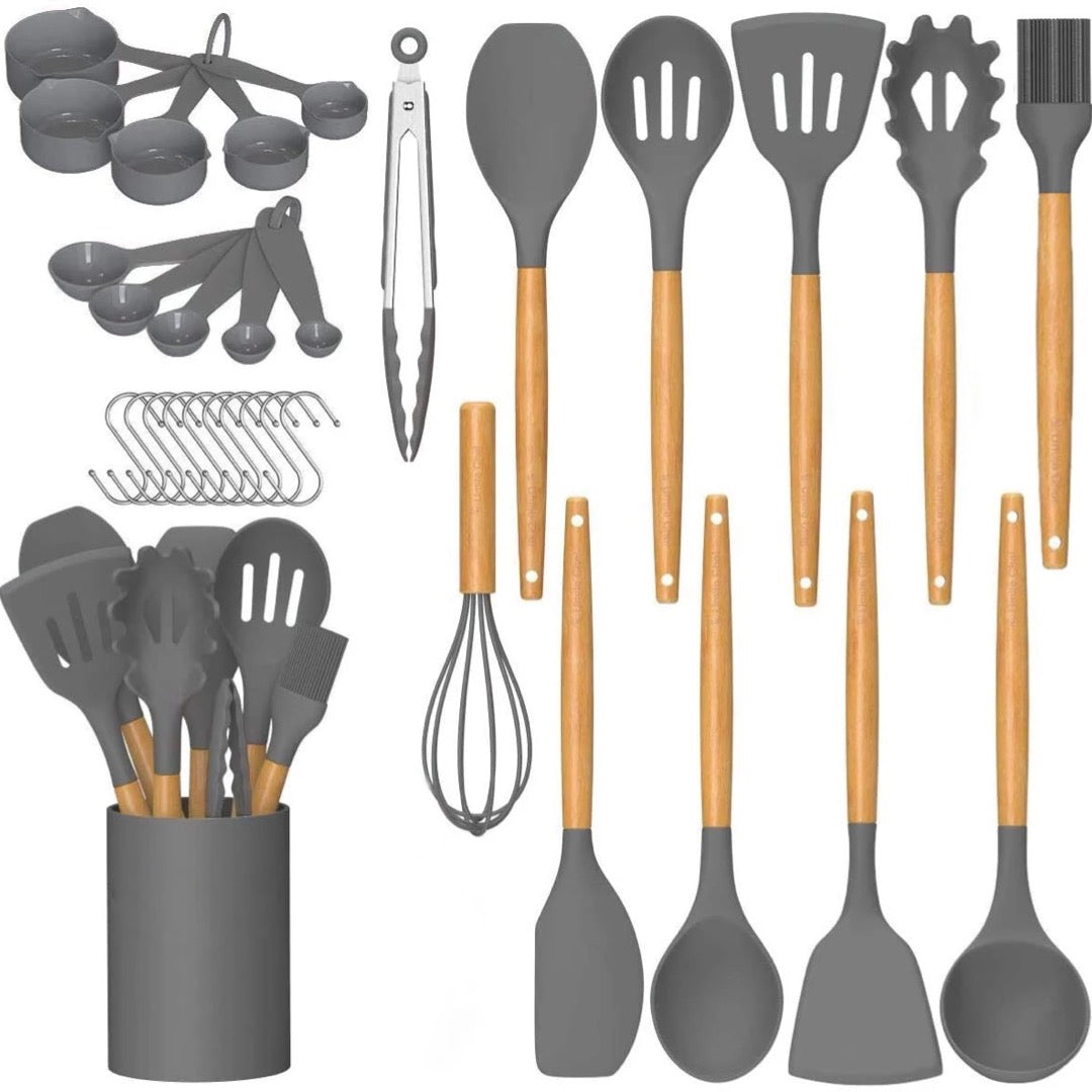 Bamboo Wooden Handles Silicone Kitchen Cooking Utensils Tools 32 piece set