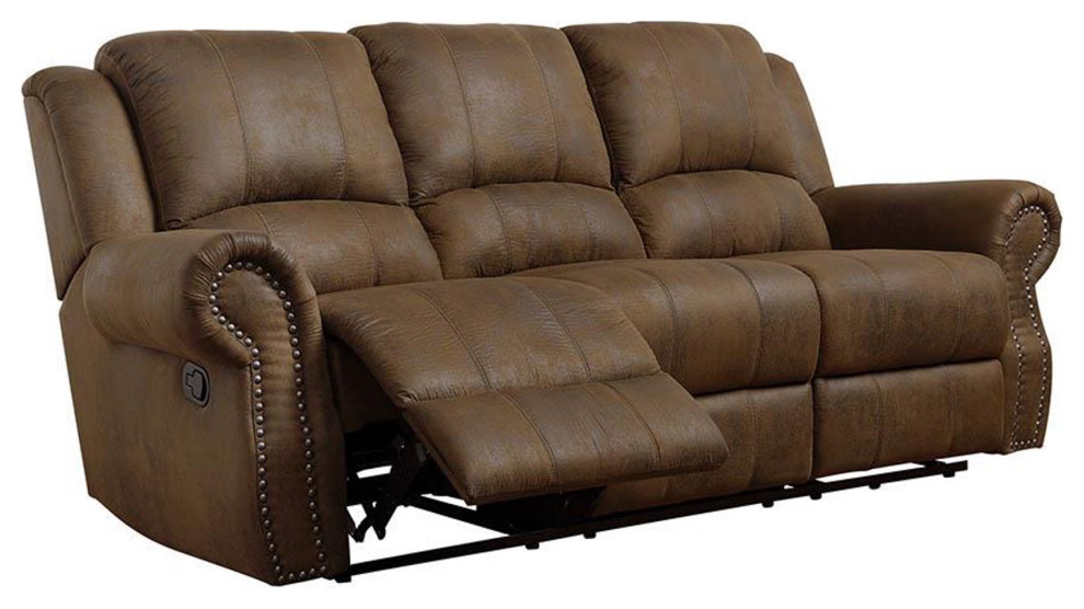 Classic Reclining Sofa  Microfiber Upholstery  ampRolled Arms With Nailhead  Brown   Transitional   Sofas   by Decorn  Houzz