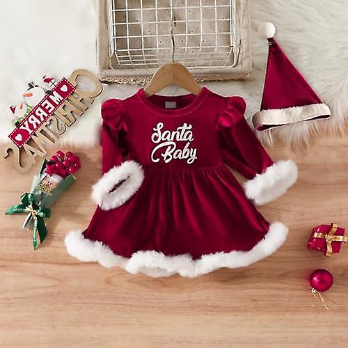 Christmas Newborn Outfit Girl，Long Sleeve Toddler Santa Print Dress with Hat - Baby Christmas Outfit