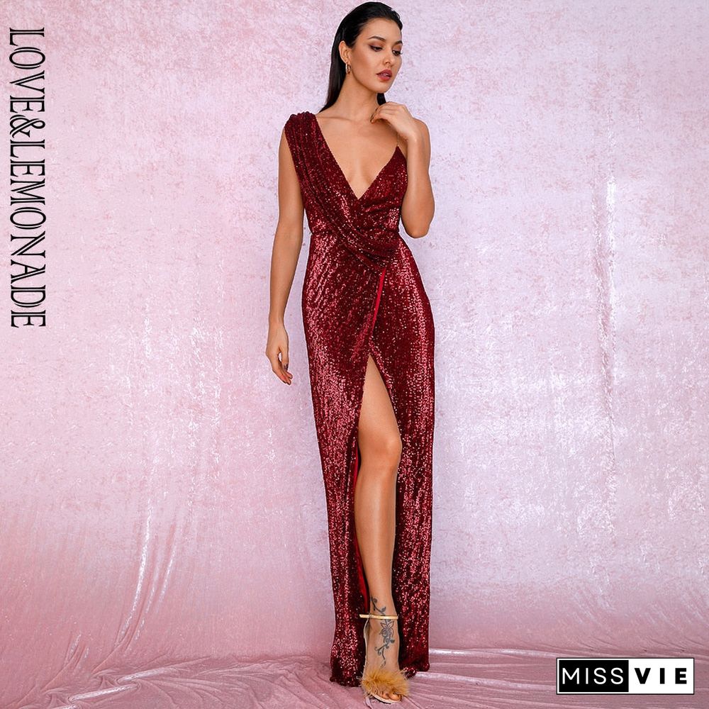 Sexy Deep Red Deep V-Neck Whit Split Sequins Party Maxi Dress LM81849