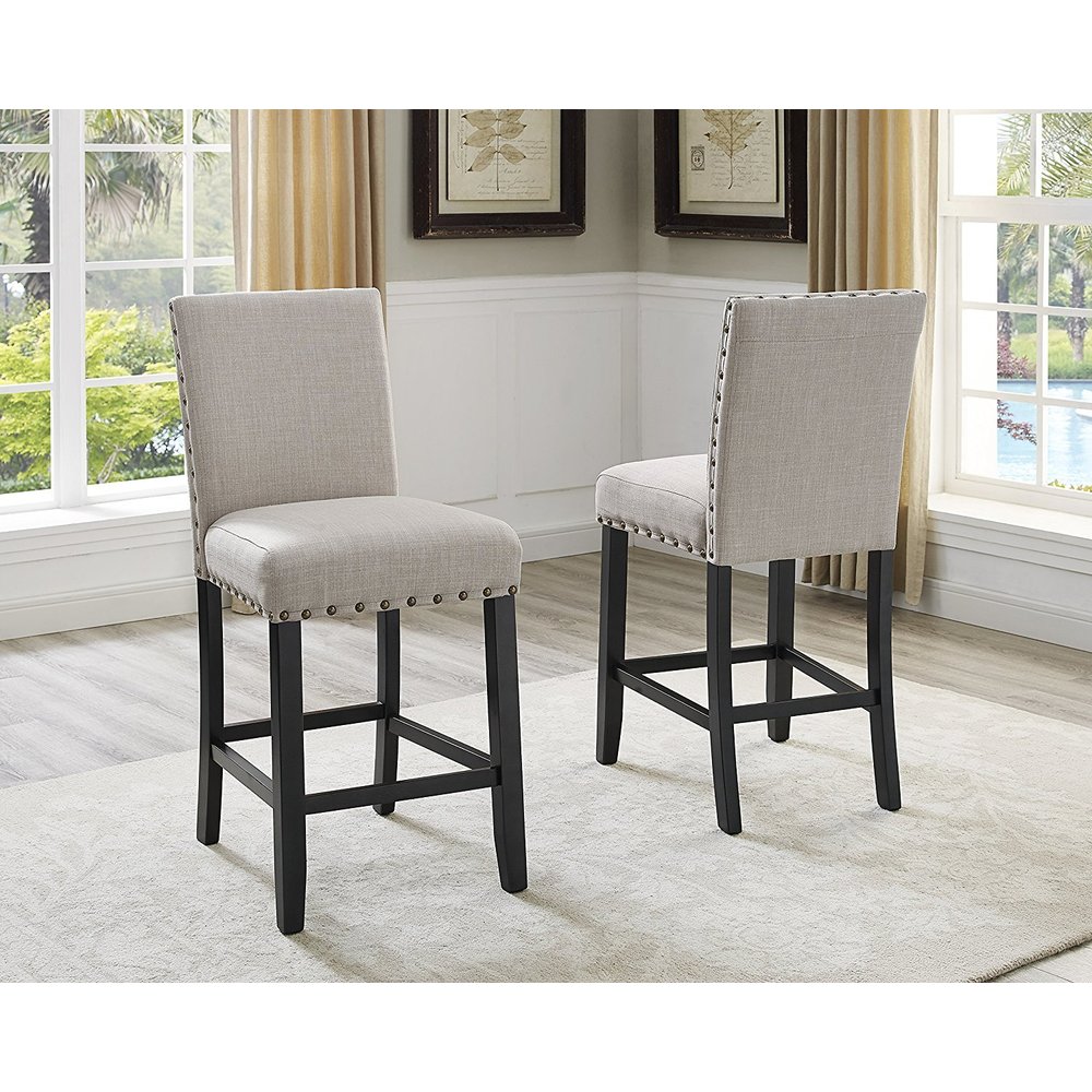 Roundhill Furniture Biony 5 Piece Espresso Wood Counter Height Dining Set with Fabric Nail head Chairs