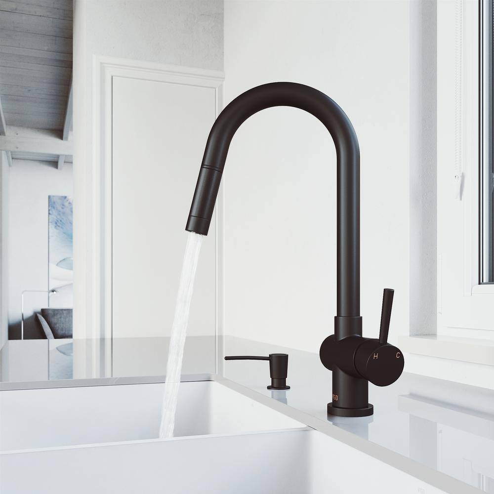 VIGO Gramercy Single Handle Pull-Down Spout Kitchen Faucet Set with Soap Dispenser in Matte Black VG02008MBK2