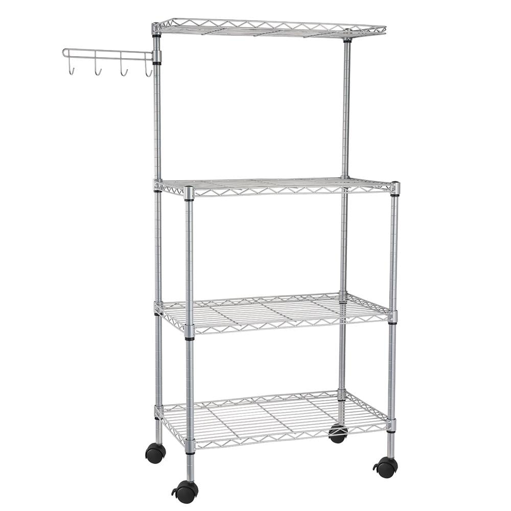 Zimtown 4-Tier Bakers Rack Kitchen Utility Cart Storage Rack Microwave Oven Stand with Hanging Hooks Chrome for Dining Room， Home， Silver