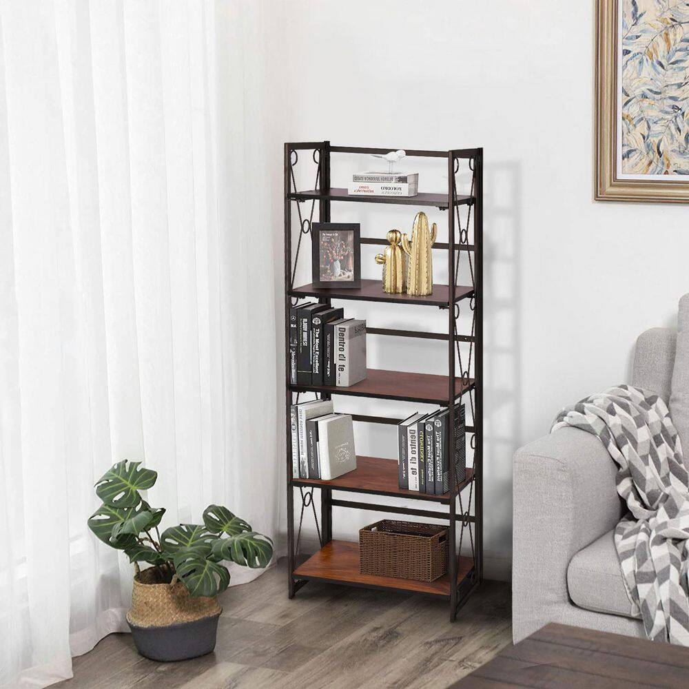 VECELO 5 Shelf Bookcase No-Assembly Folding-Bookshelf Industrial Standing Racks Study Organizer with Metal Frame ，Brown 1 KHD-XJM-B01