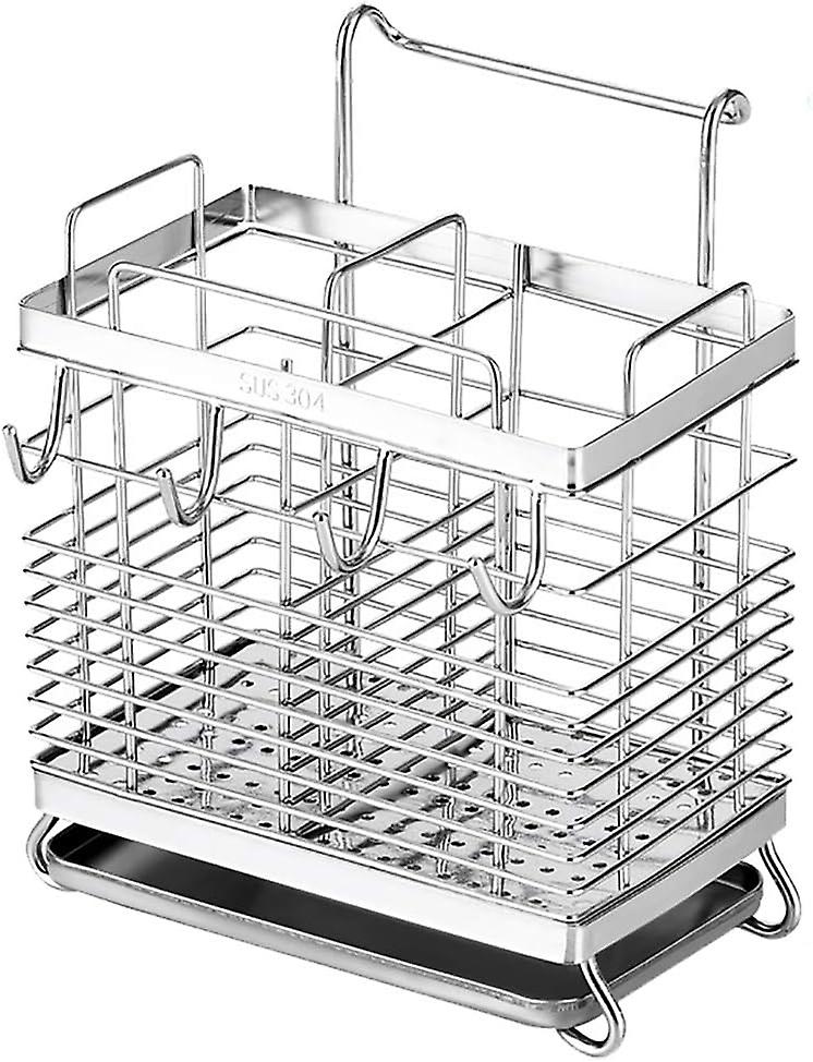 Sturdy 304 Stainless Steel Utensil Drying Rack， Basket Holder With Hooks 2 Compartments Draining Basket， Rust Proof， No Drilling，kitchen Dish Drainer