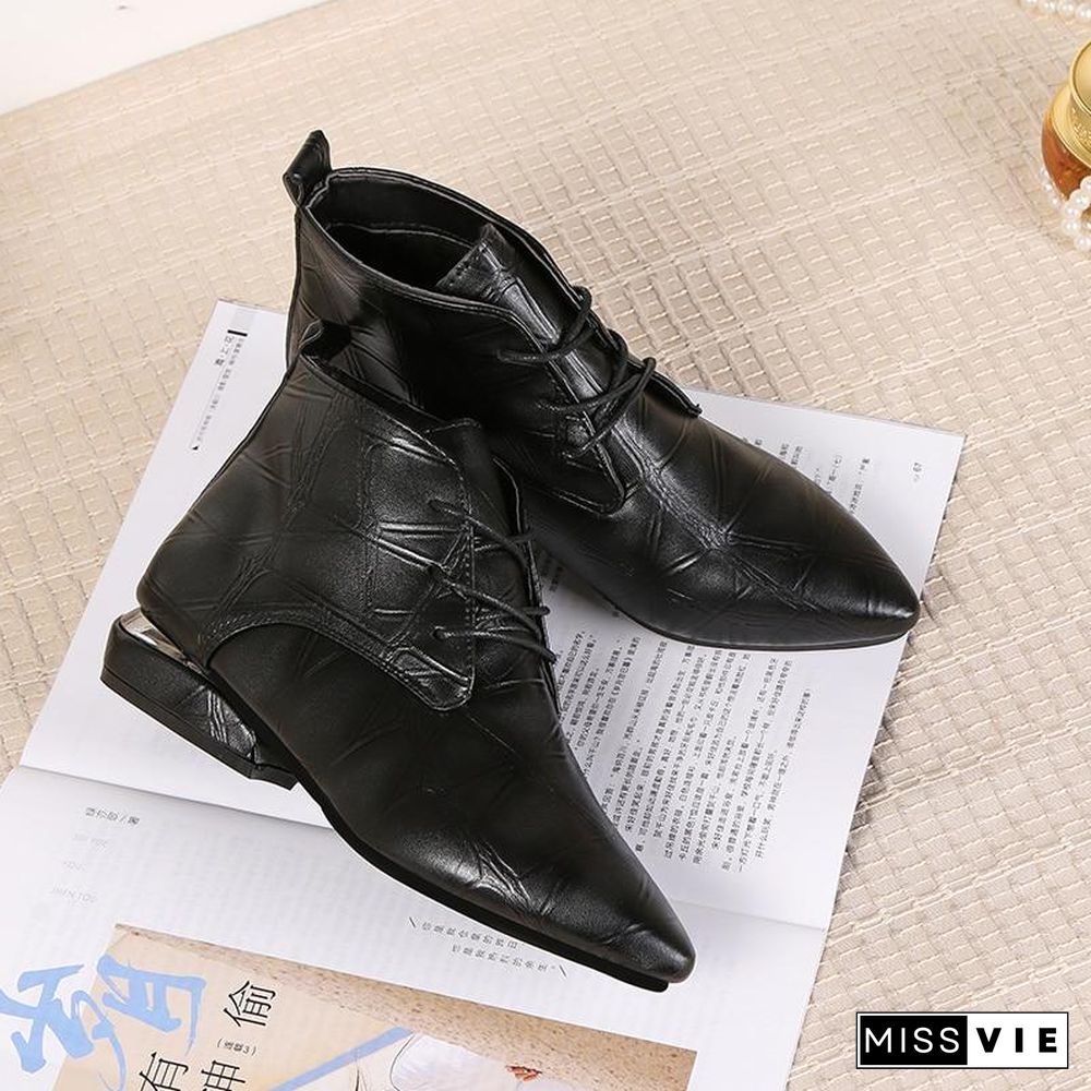 Pointed Toe Square Heel Women Boots Fashion High Heels Ankle Boots  Lace Up Leather Rubber Shoes