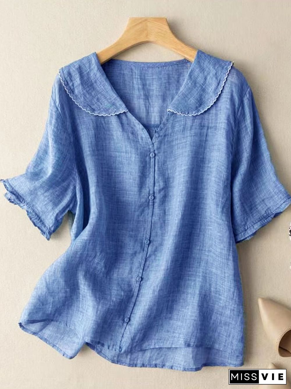 Cotton And Linen Retro Short Sleeved Navy Doll Collar Thin Shirt