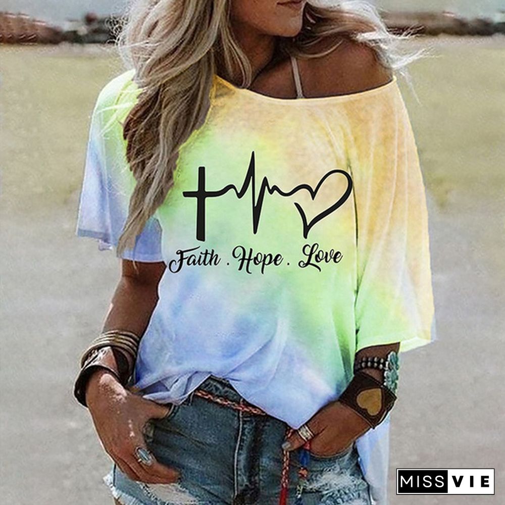 New Women's Summer Fashion Tie Dry Faith Hope Love Letter Printing T-shirts Ladies Short Sleeve Off Shoulder Loose Blouse Plus Size S-5XL