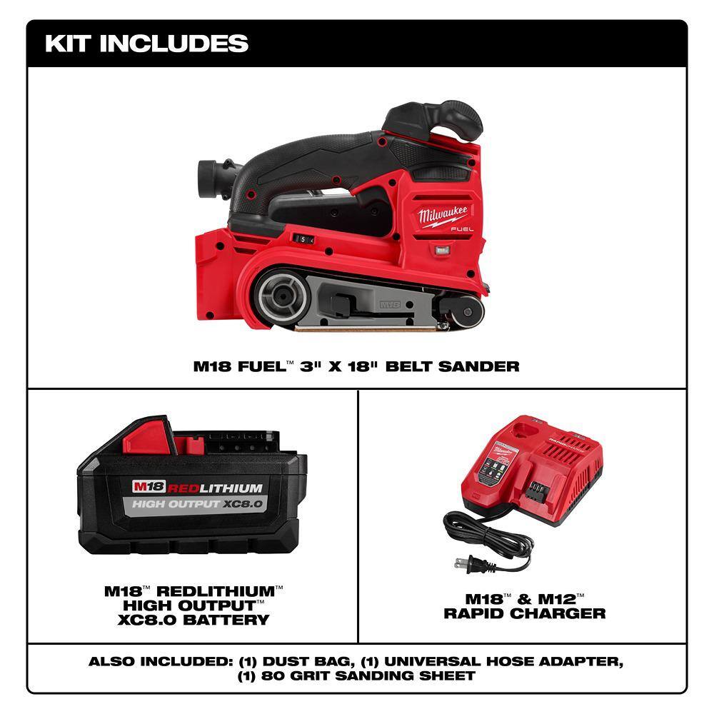 MW M18 FUEL 18-Volt Lithium-Ion Cordless Belt Sander w8.0ah Starter Kit 2832-20-48-59-1880