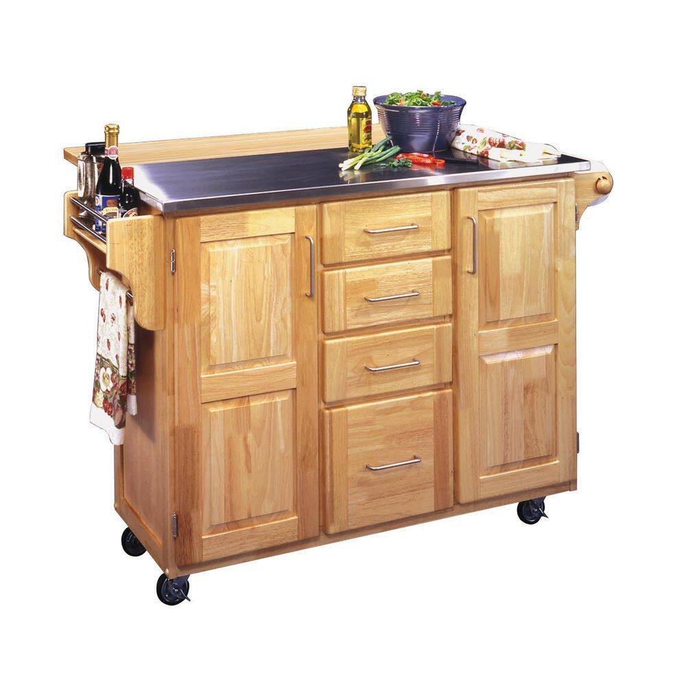 HOMESTYLES Natural Wood Kitchen Cart with Stainless Top and Breakfast Bar 5086-95