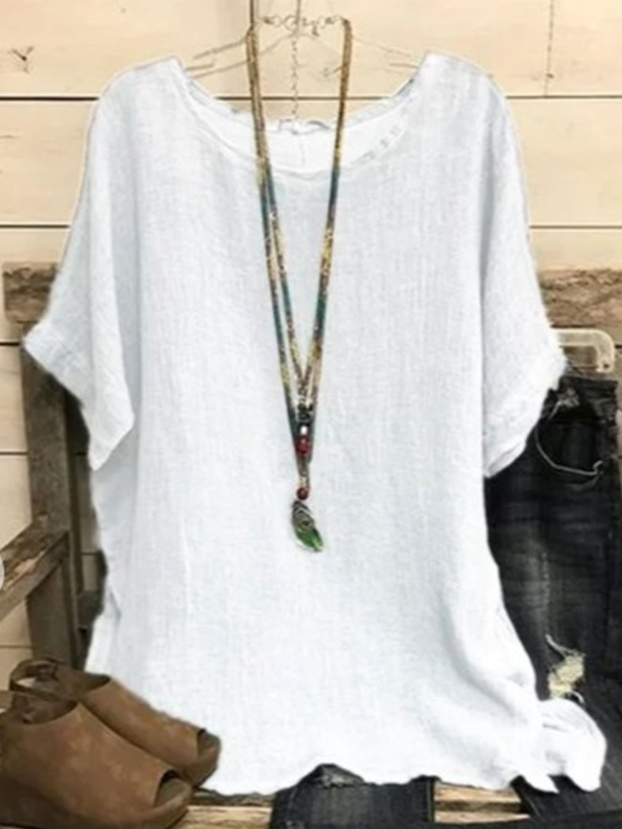 Round Neck Casual Loose Solid Color Linen Short-sleeved Blouse