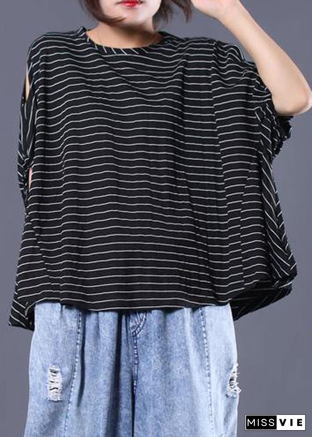 Women black striped cotton clothes off the shoulder Plus Size Clothing summer top