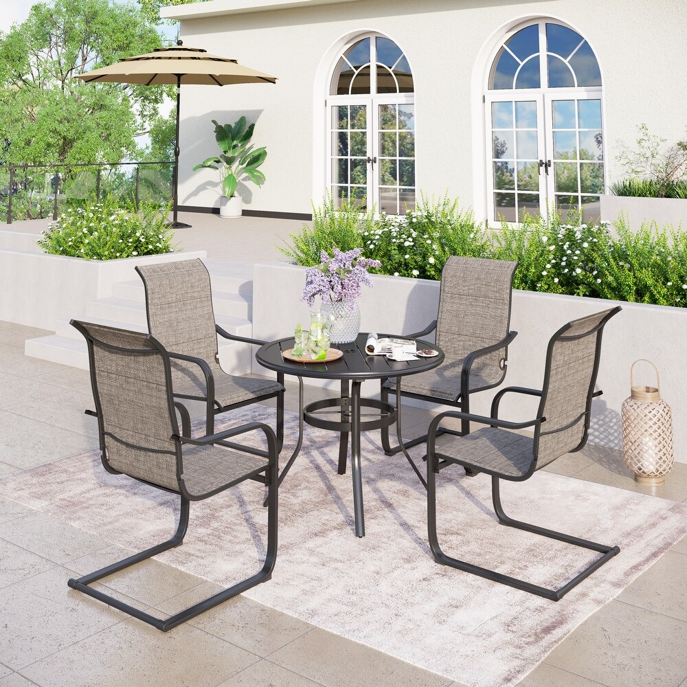 5  Pieces Patio Dining Set  Round Black Metal Table with Umbrella Hole and 4 C Spring Motion Chairs Padded Textilene