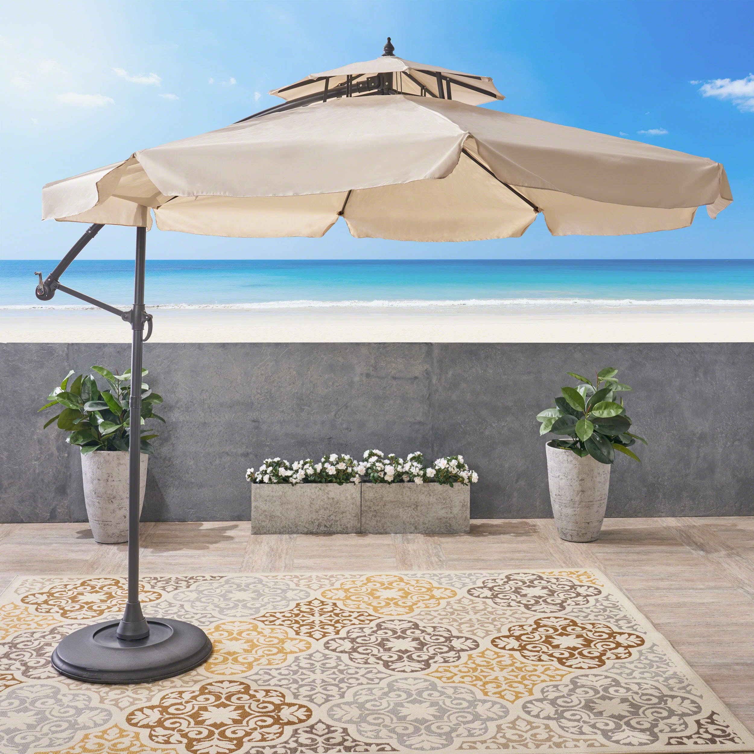 Tahiti Outdoor Beige Cantilever Patio Umbrella & Base