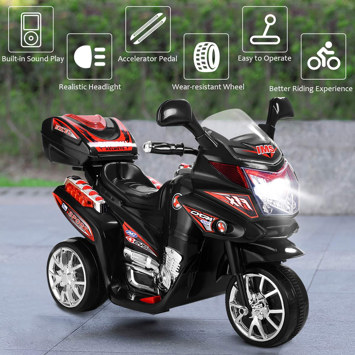 Costzon Ride On Motorcycle, 6V Battery Powered 3 Wheels Electric Bicycle (Deluxe Black)