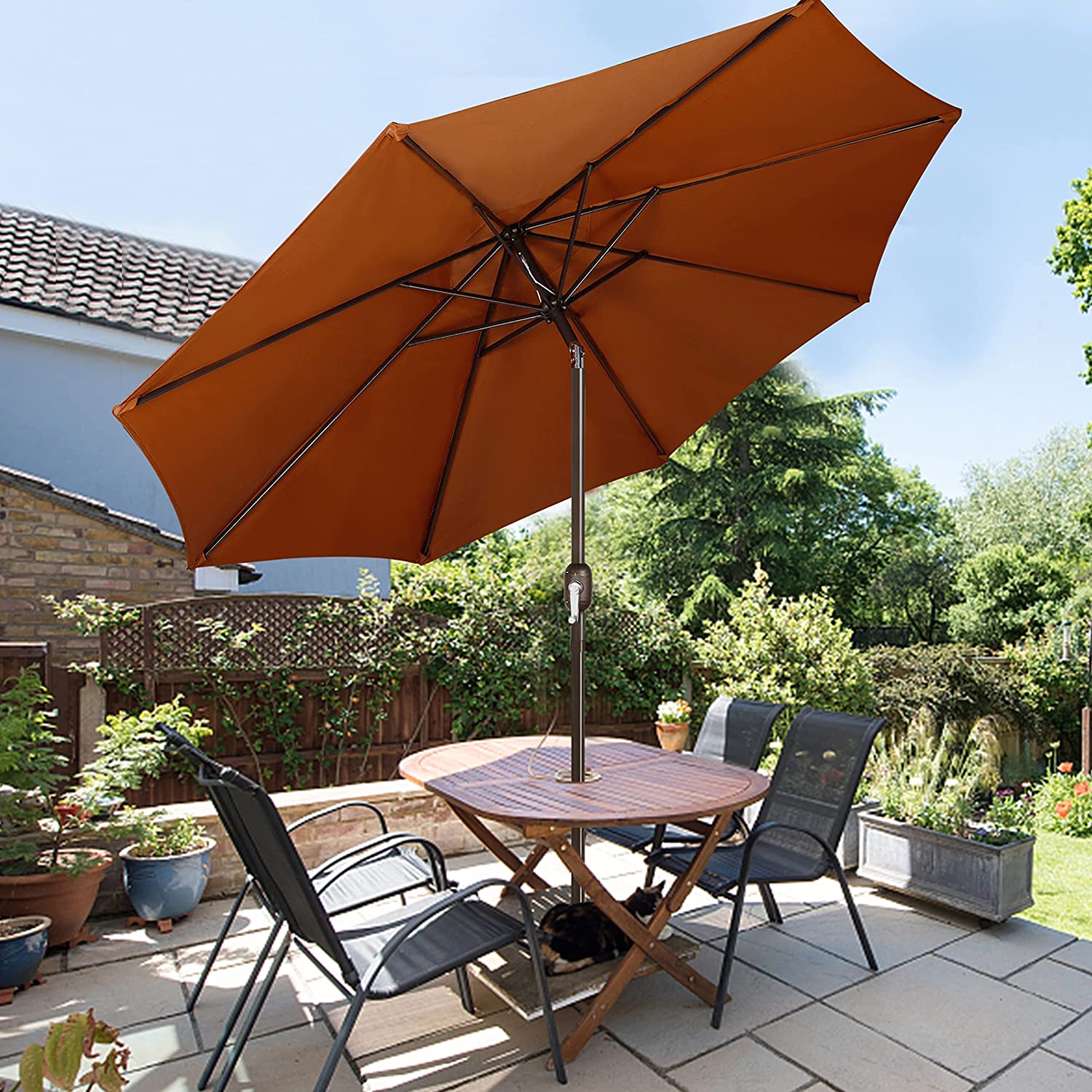 9' Outdoor Market Patio Umbrella with Push Button Tilt and Crank, 8 Ribs (Tan)